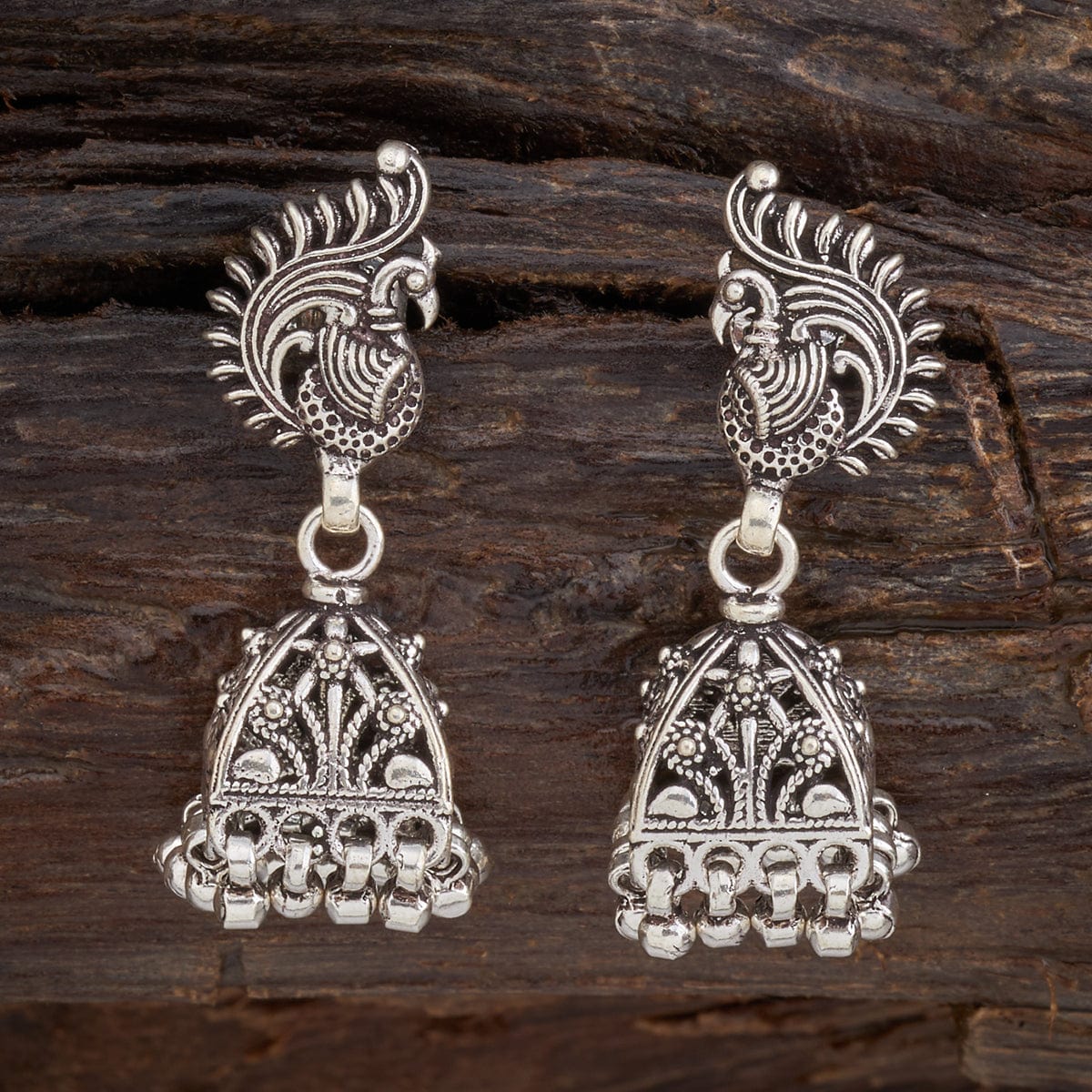 Peacock Oxidised Silver Look Hook Stud Earrings for Party Wear | Sasitrends  | Sasitrends