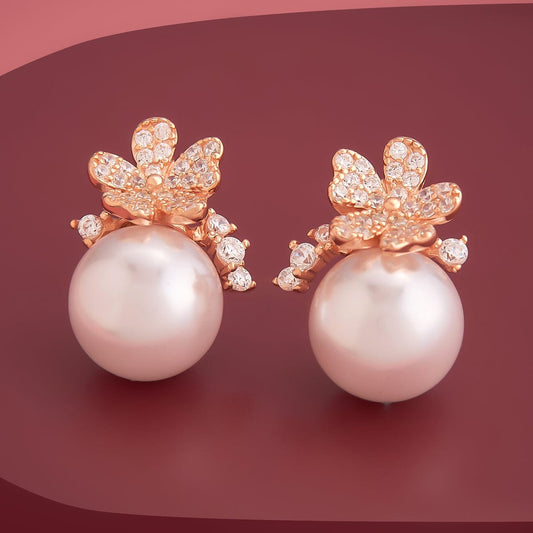 Pink Flower Pearl Stud Earrings