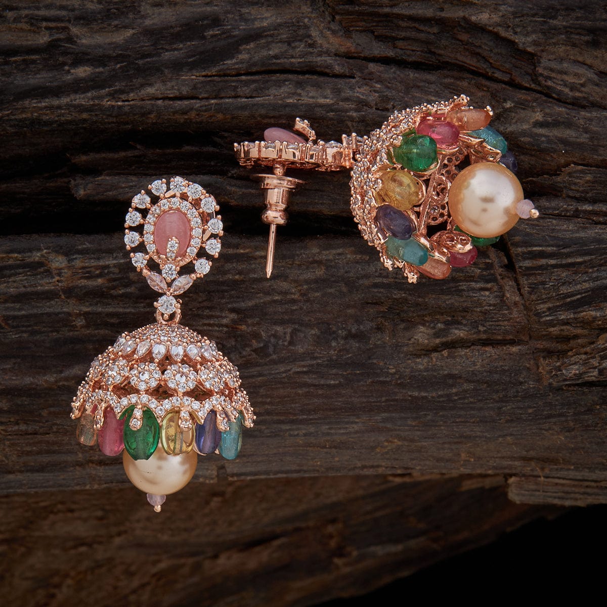 Rose Gold-Plated Round Red American Diamond-Studded Maang Tikka & Earr